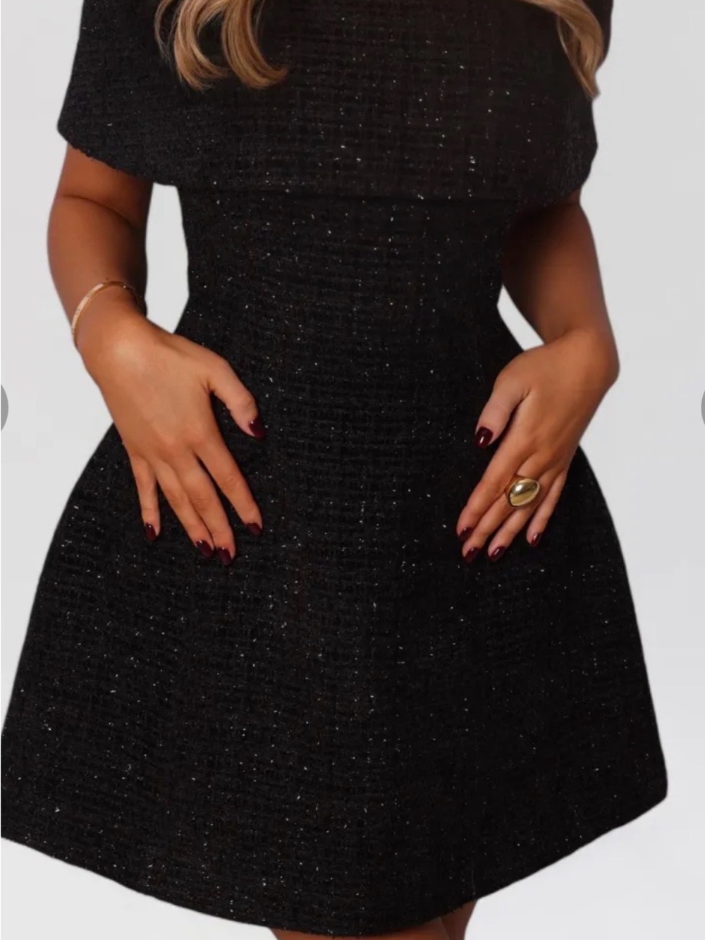 Heiress Beverly Hills Tweed black metallic off the shoulder a-line mini dress